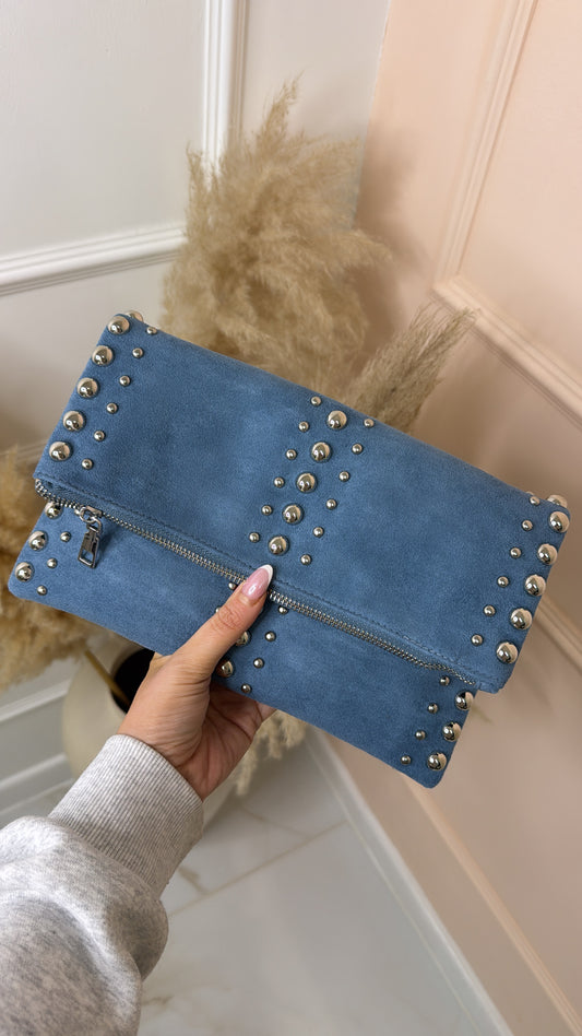 LEXIE blue suede studded clutch bag