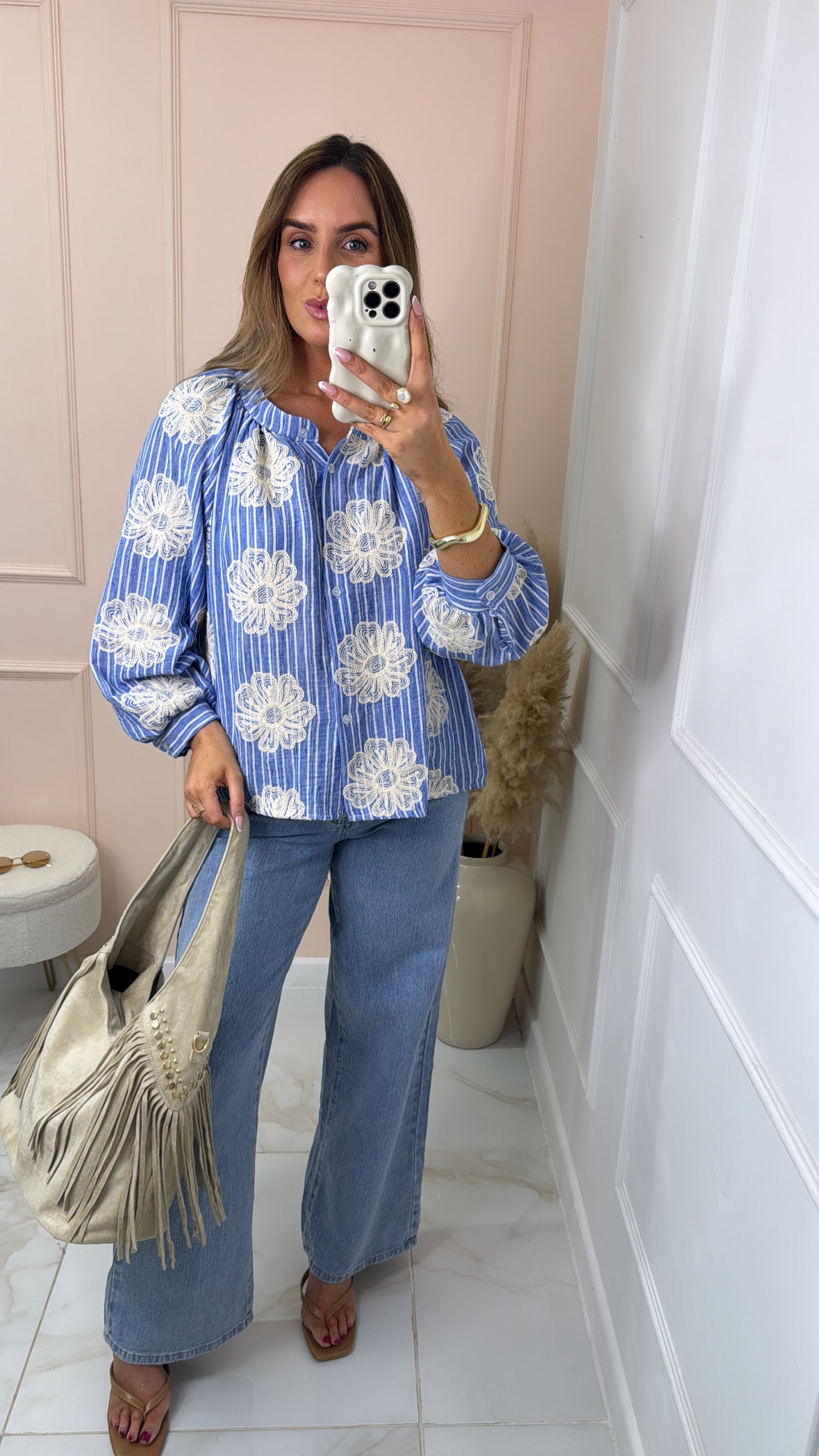 EVELYN blue floral embroidered blouse