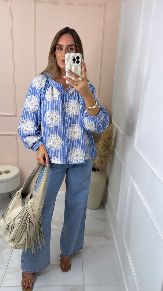 EVELYN blue floral embroidered blouse