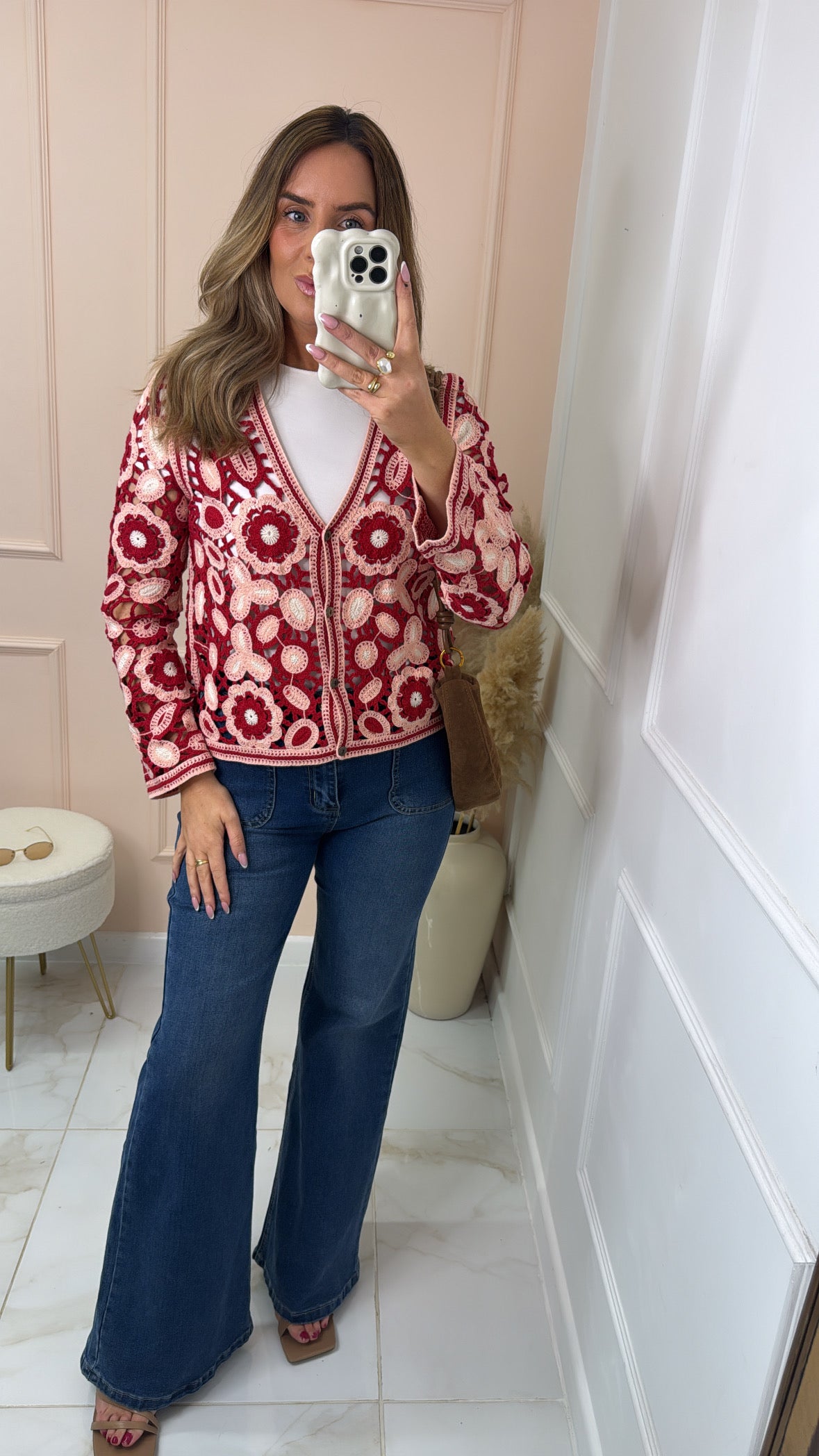 ROSIE pink & red floral crochet cardigan