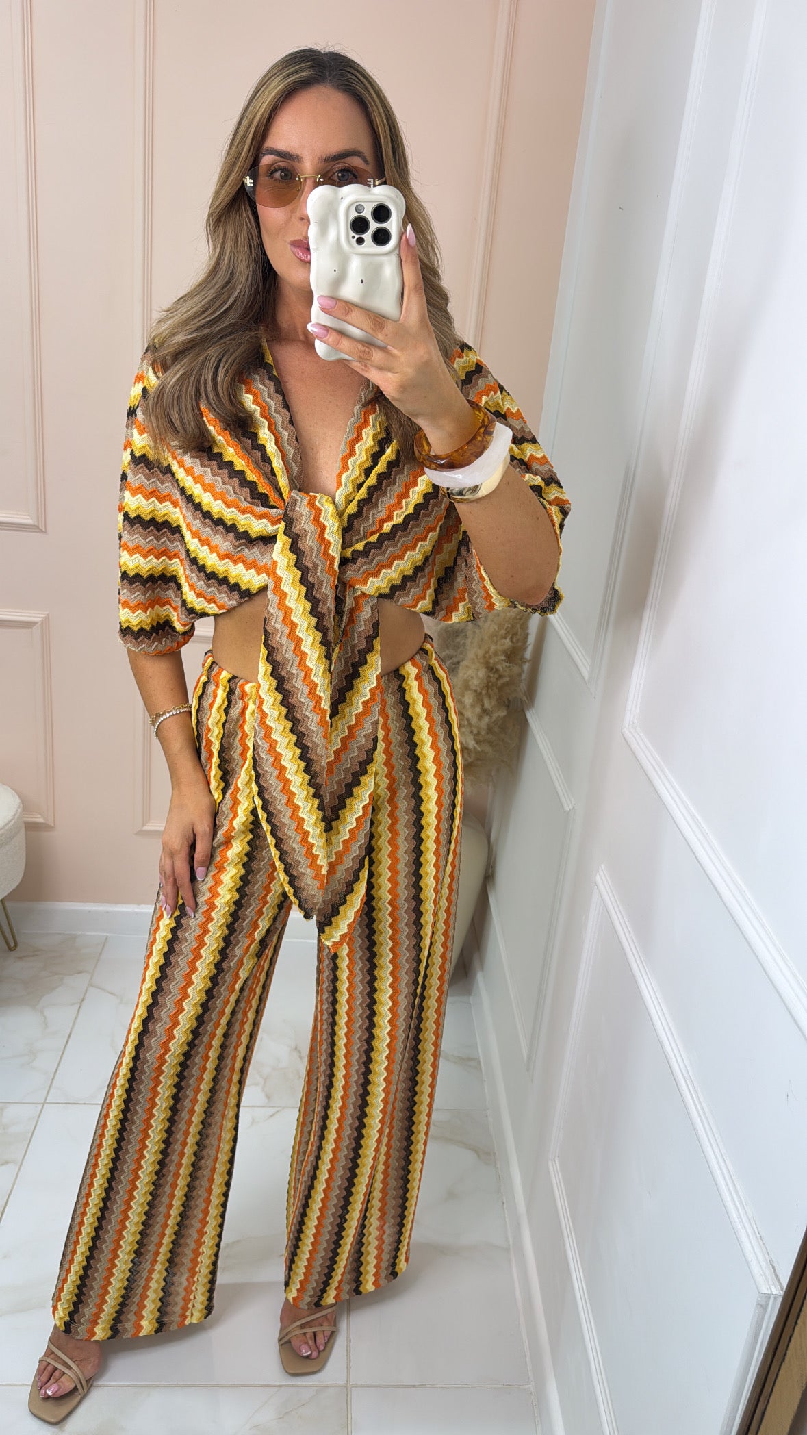 GEORGIA yellow brown crochet tie front trouser set