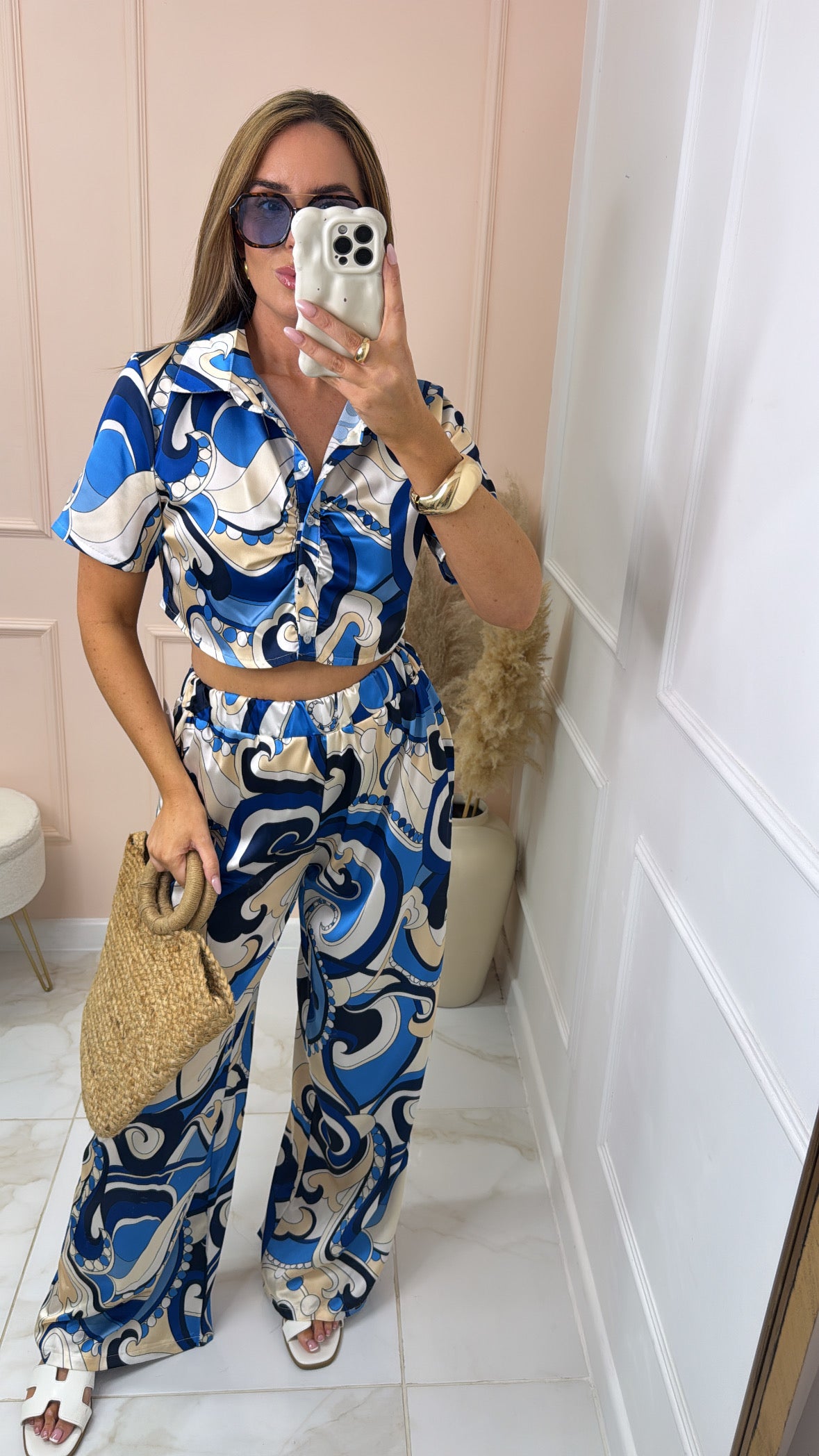 FELICITY blue retro print silky trouser set