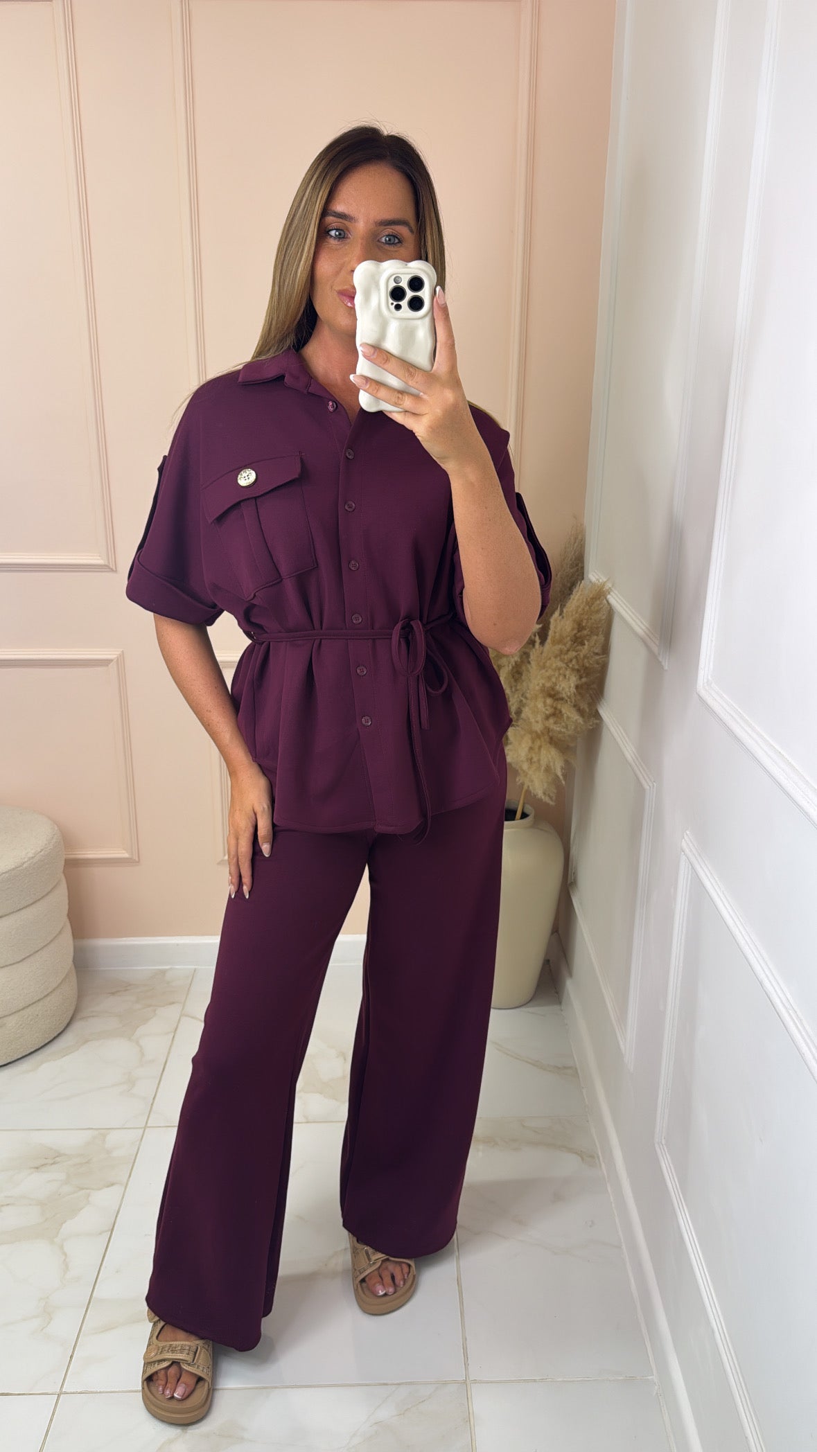 MEG burgundy button up tie waist trouser set