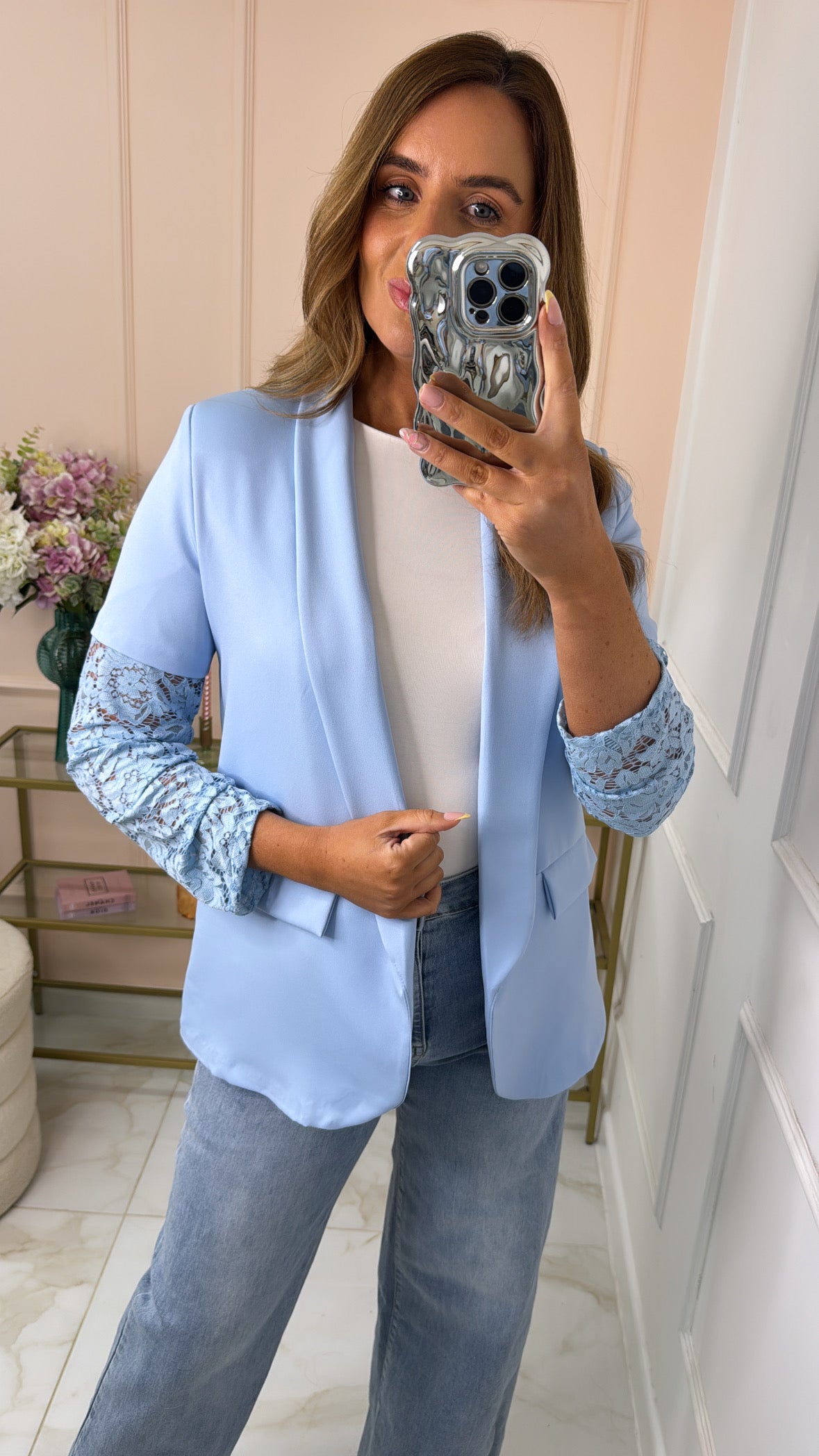 SCARLETT powder blue lace sleeve blazer