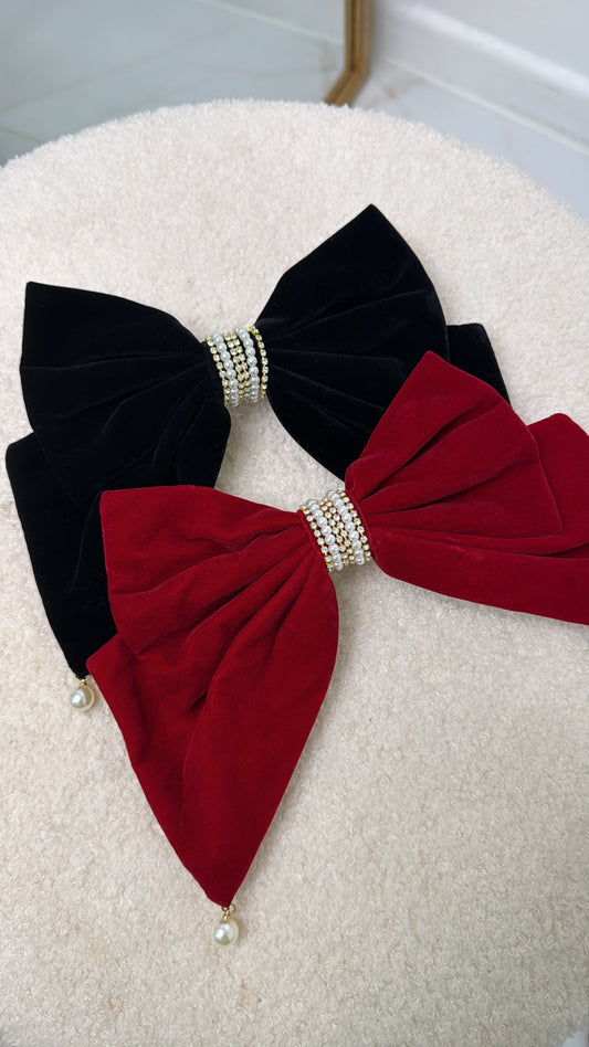 BECCA burgundy velvet crystal centre hair bow