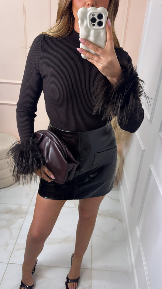 COCO brown fine knit fur cuff jumper