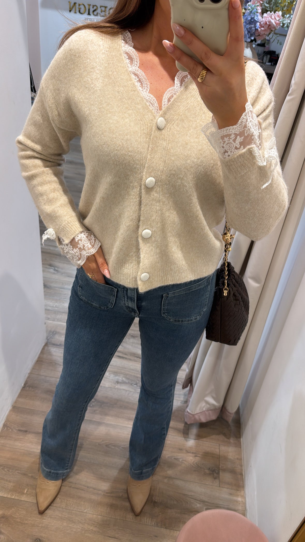 PENELOPE beige lace trim fluffy cardigan