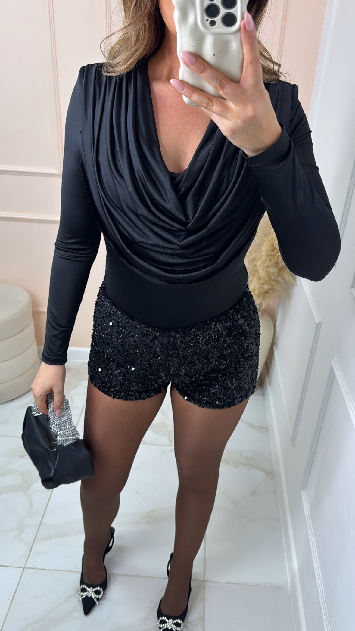 IZZY black drape slinky bodysuit