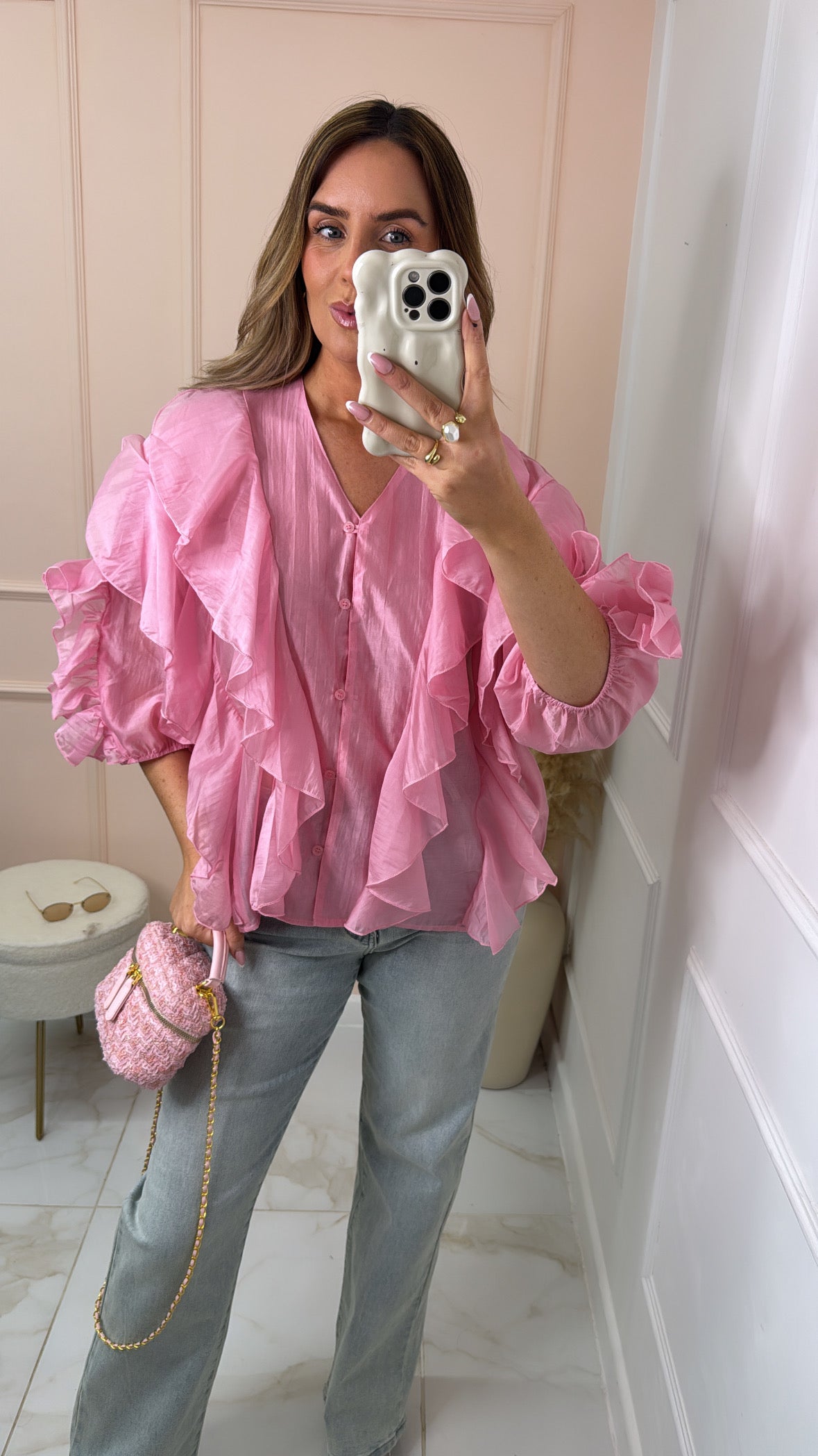 LOLA pink ruffle detail blouse