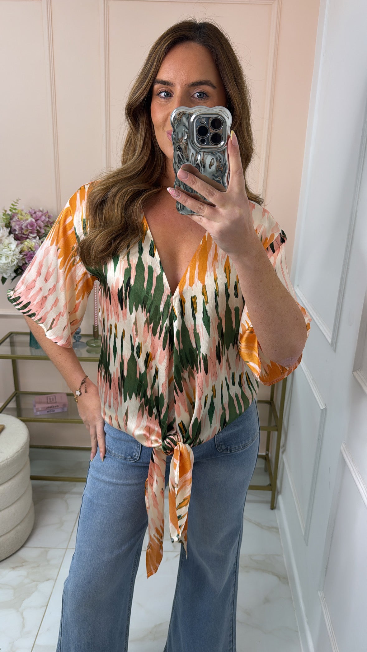 SIENNA pink tie dye knot front blouse