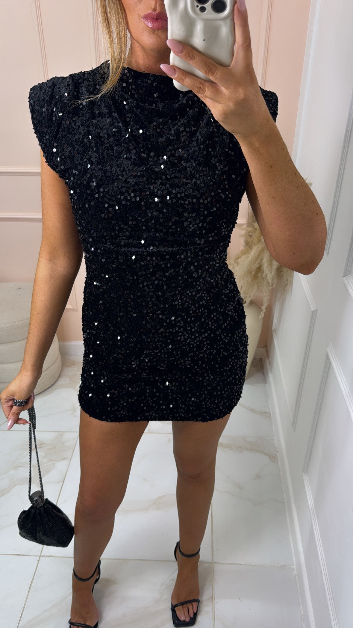 GRACE black sequin velvet shoulder pad mini dress