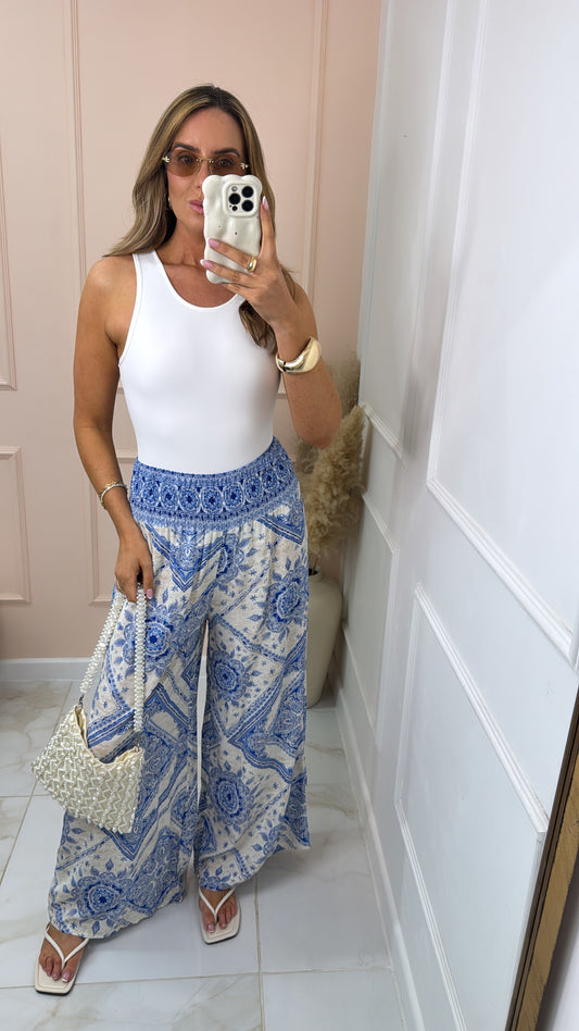 ORLA blue paisley wide leg trousers