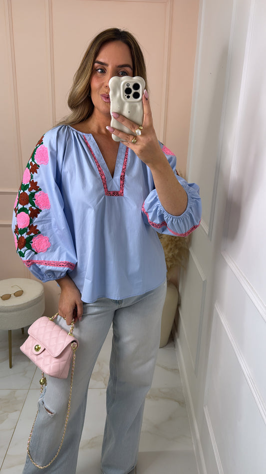 ERIN blue floral embroidered blouse