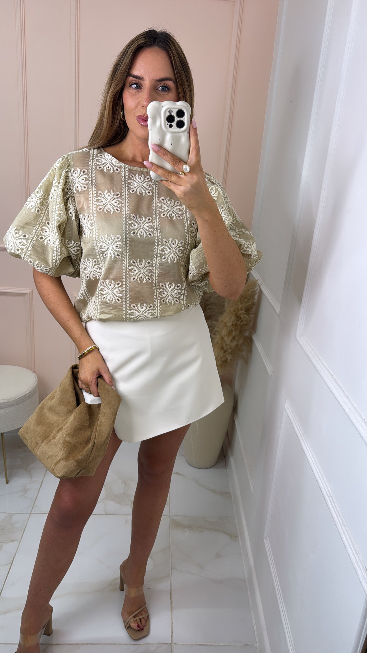 JONIE beige embroidered puff sleeve top