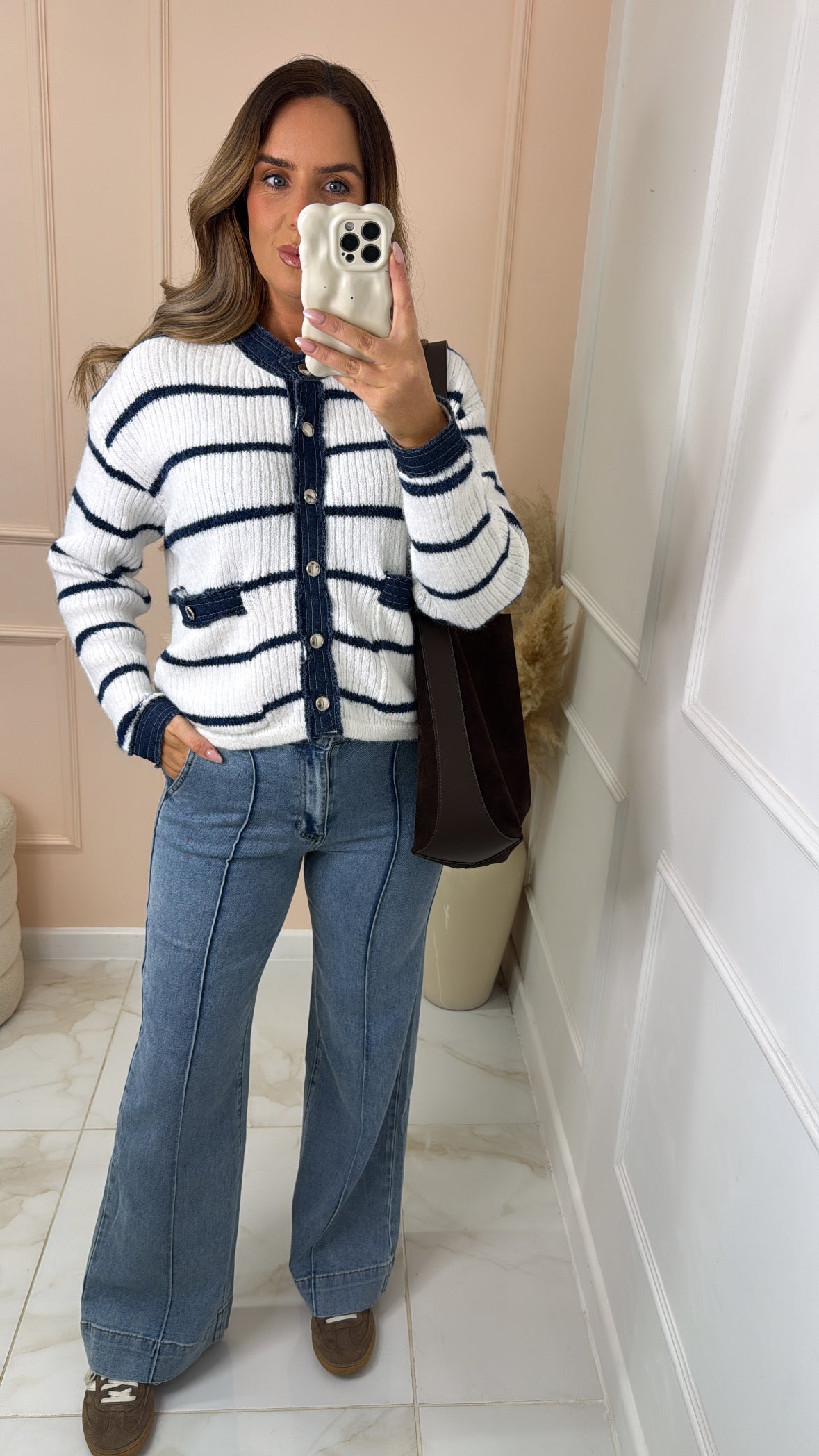 THEA cream denim detail stripe cardigan