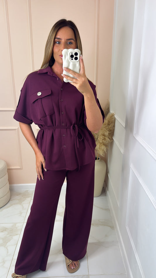 MEG burgundy button up tie waist trouser set