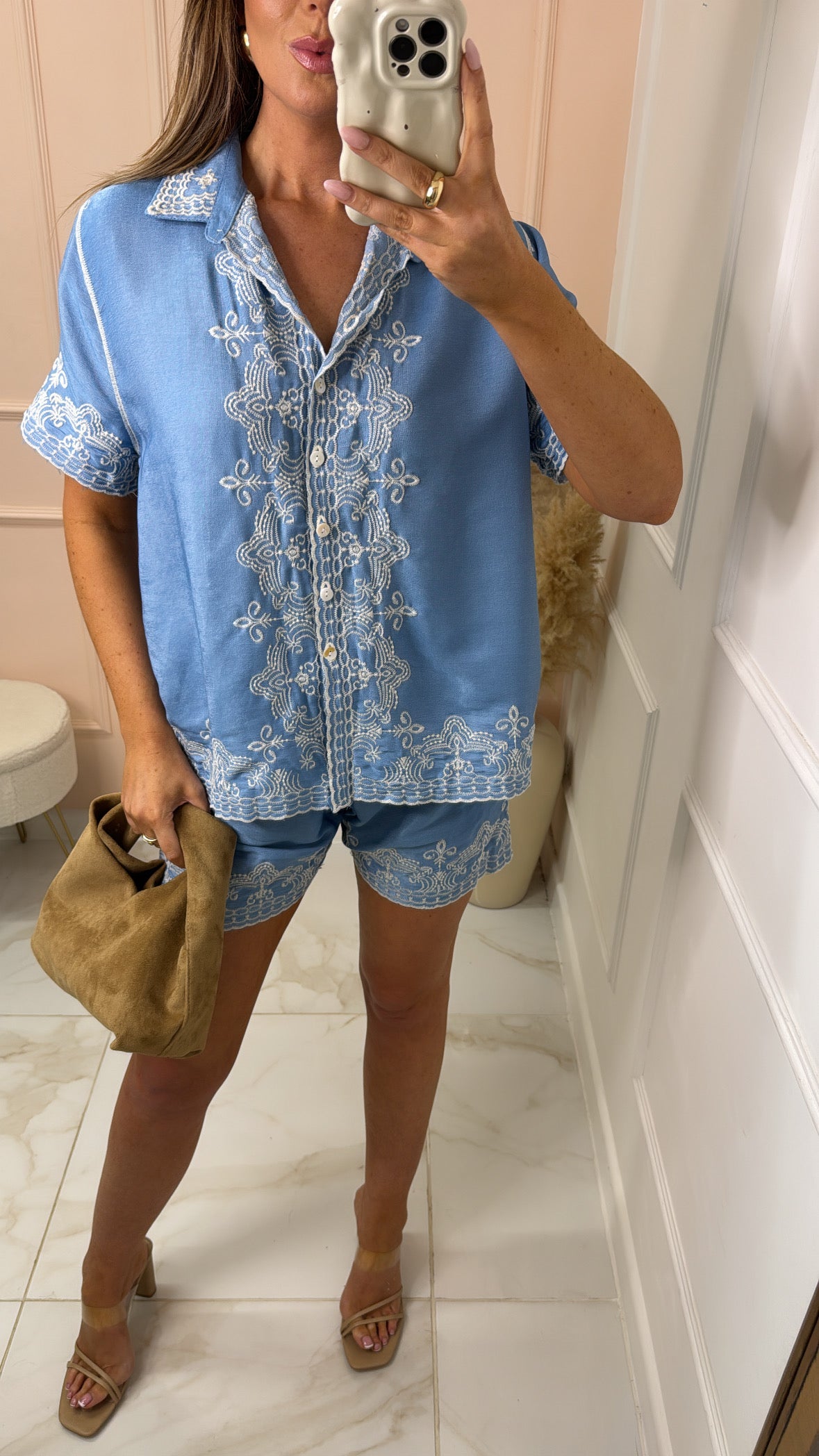 ELLIE blue embroidered boxy short set