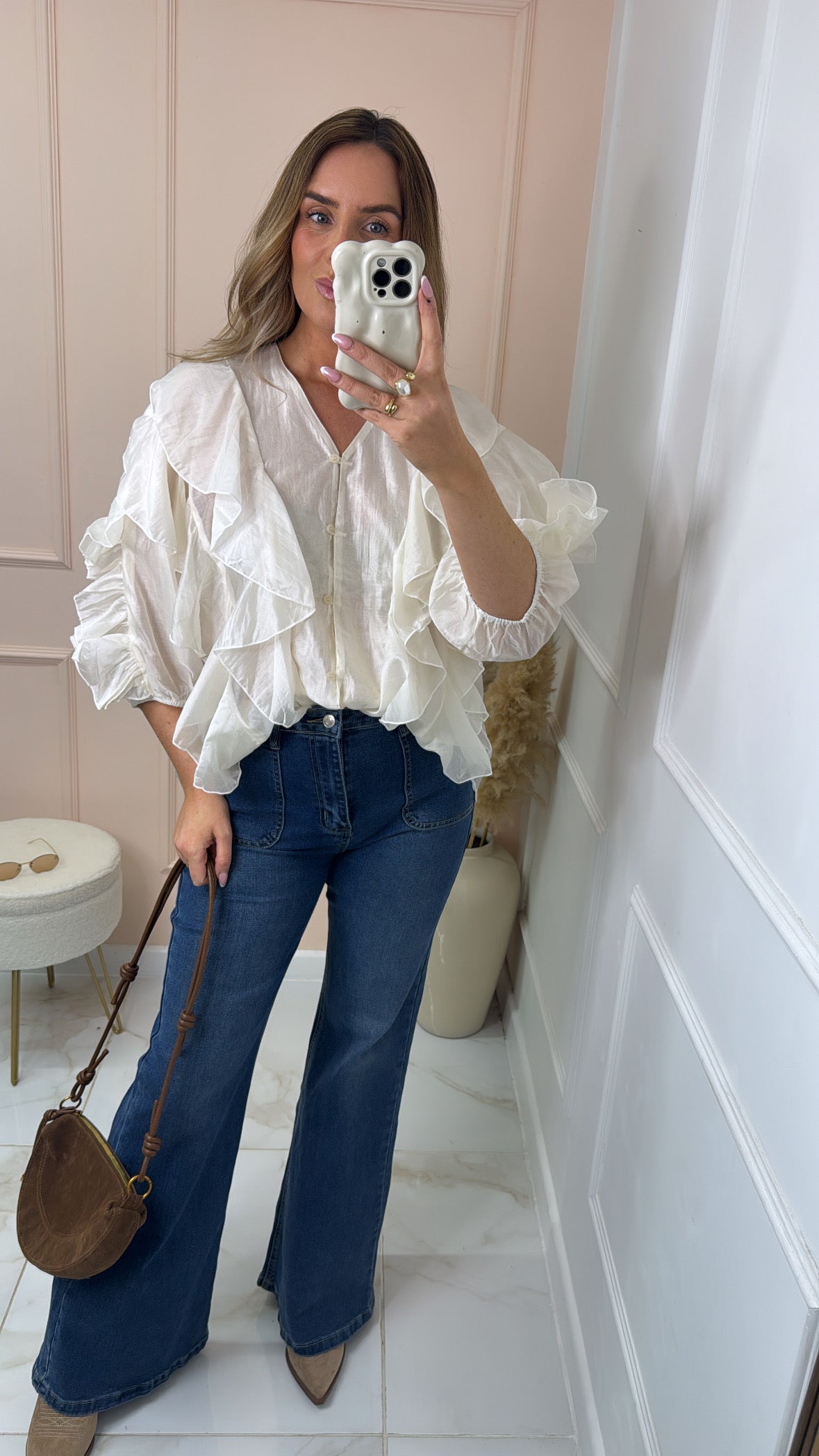 LOLA cream ruffle detail blouse