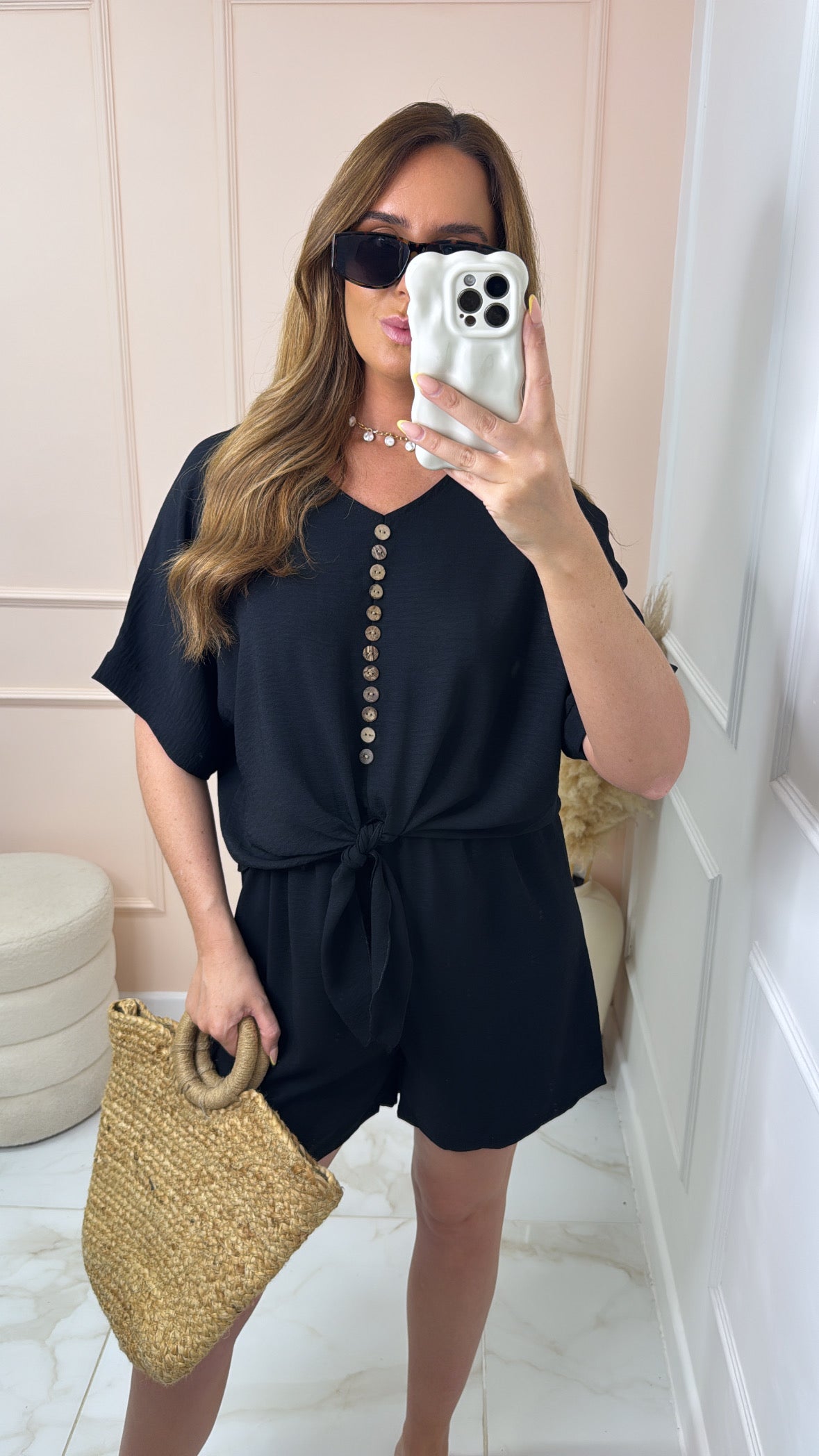 MACEY black button tie front short set