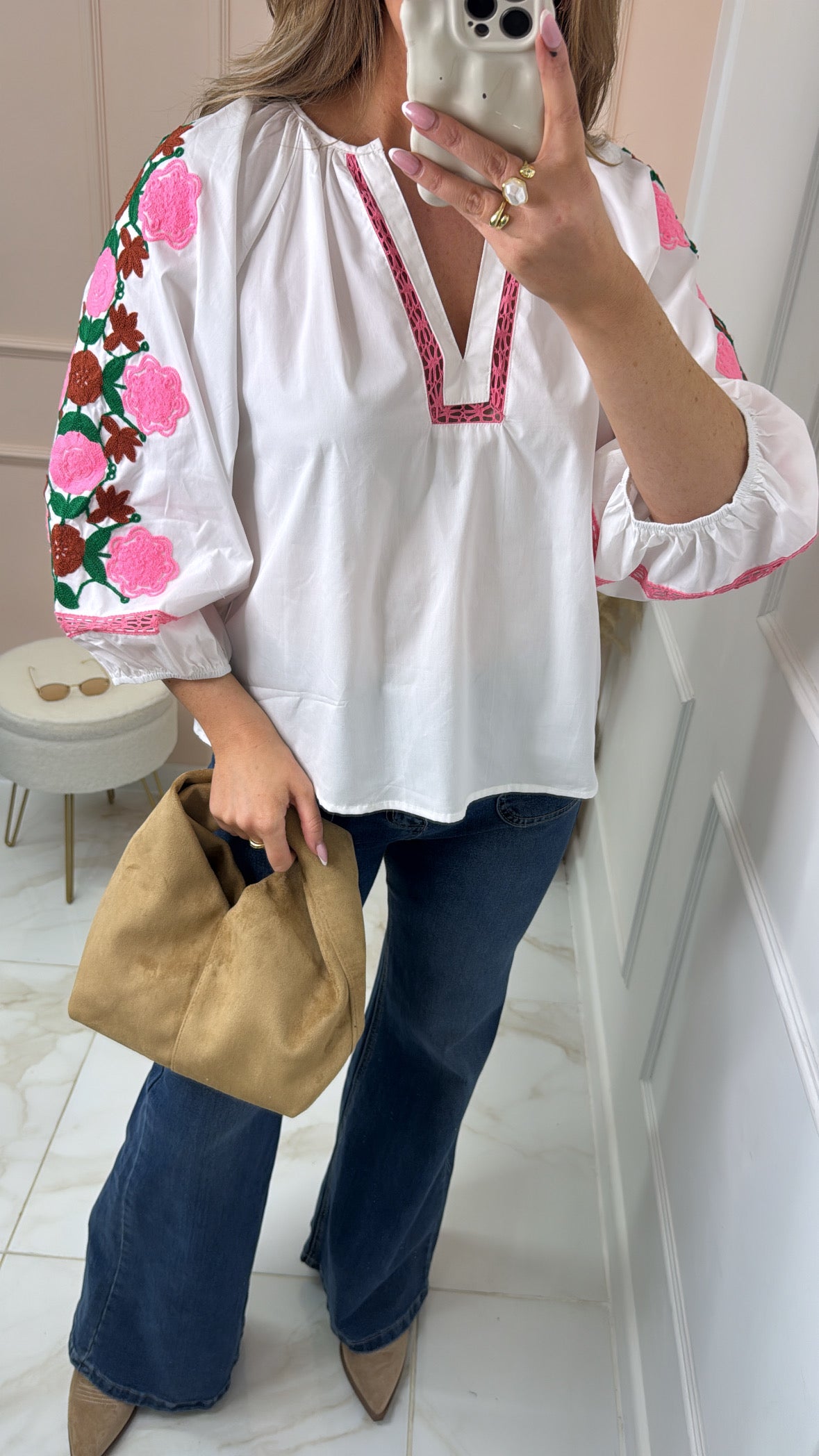 ERIN white floral embroidered blouse