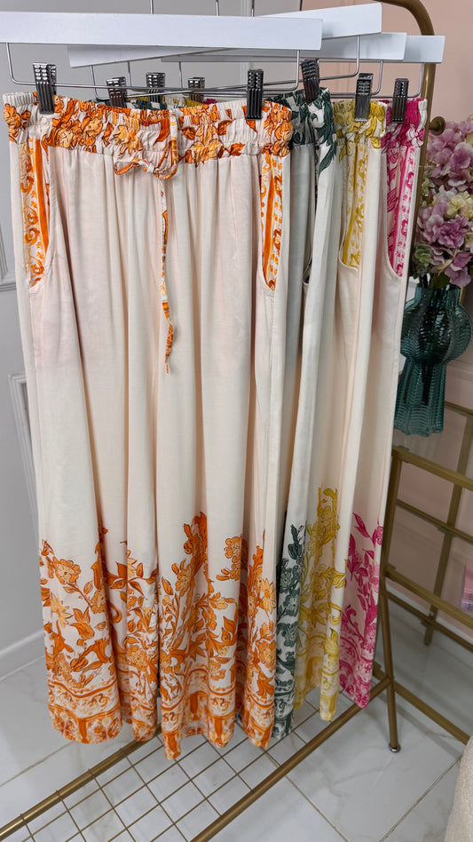 ADDISON orange printed wide leg trousers