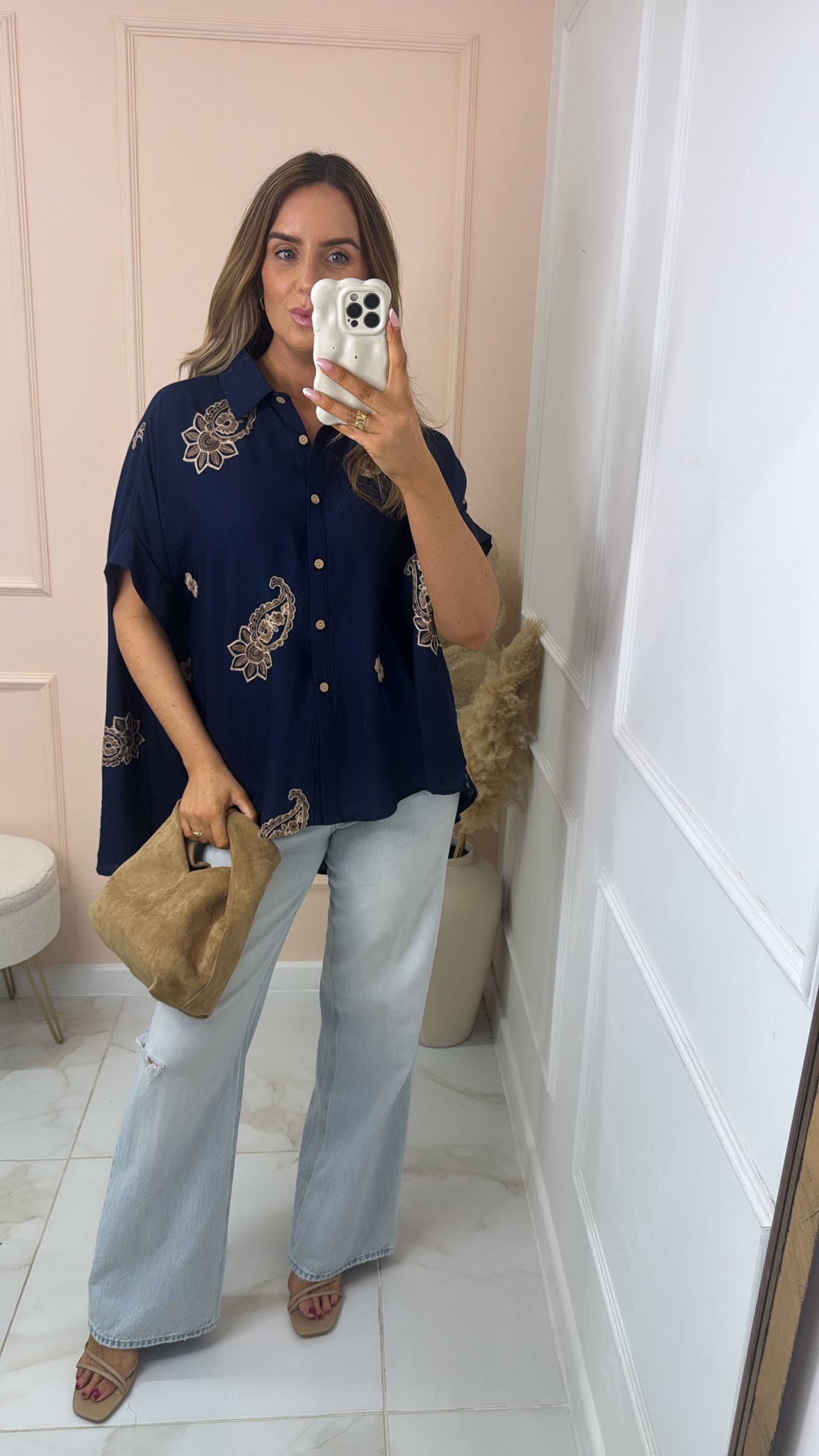 ISABELLA navy embroidered paisley blouse