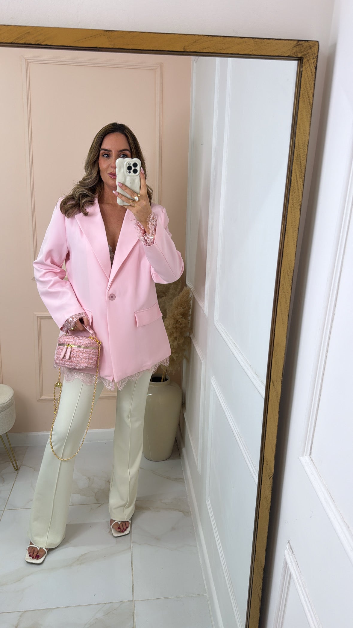 SAMIE pink lace trim blazer