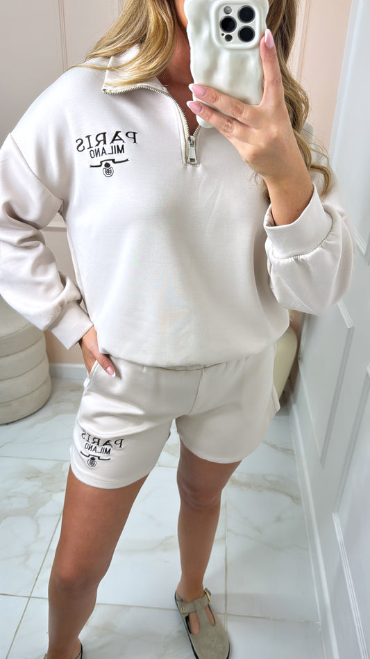 JASMINE beige embroidered half zip lounge set
