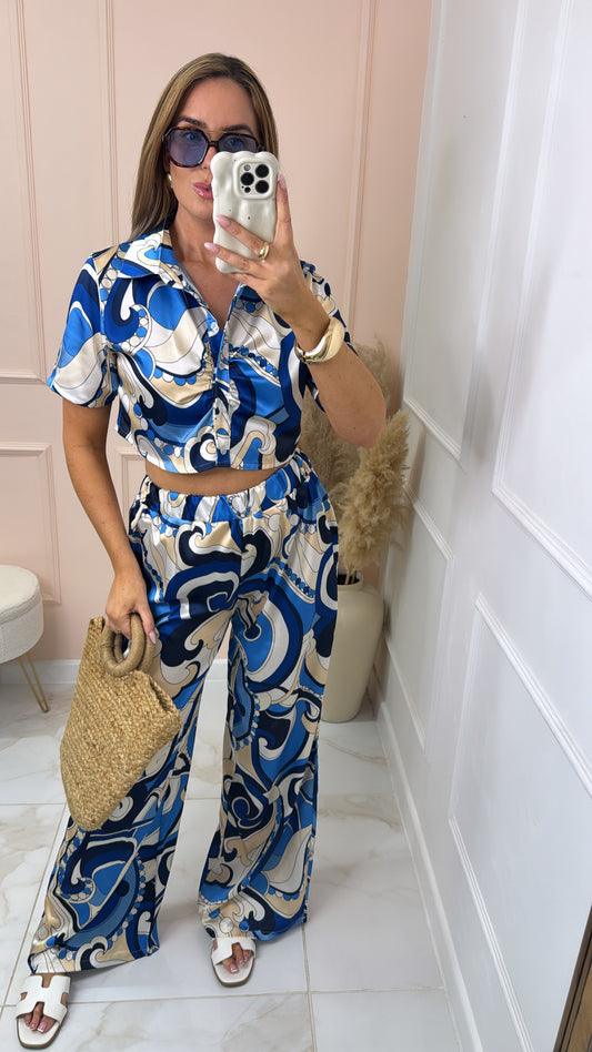 FELICITY blue retro print silky trouser set
