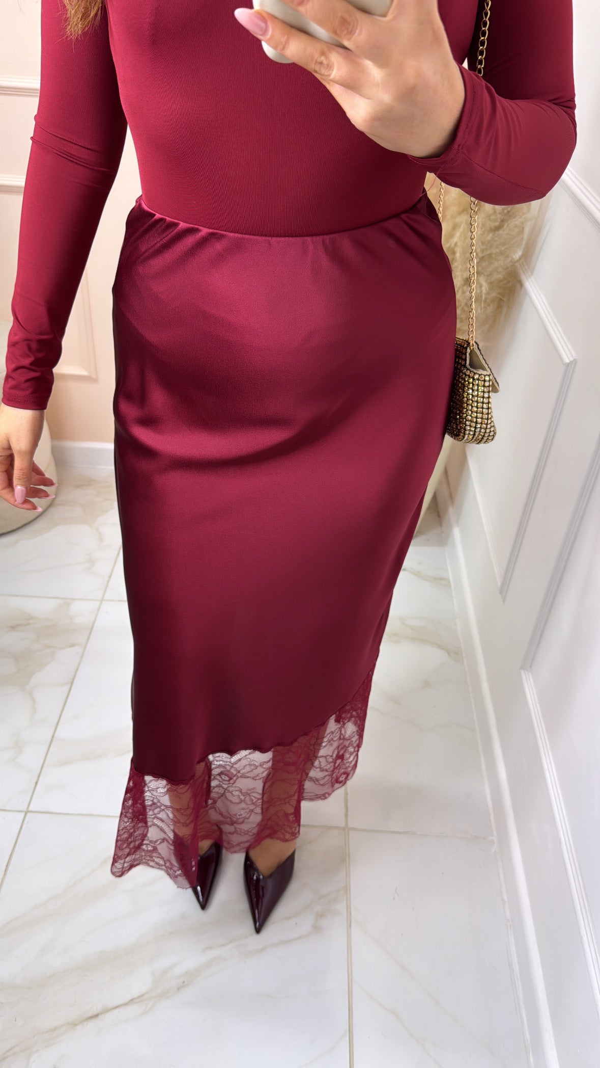 SHARNA burgundy satin lace midaxi skirt