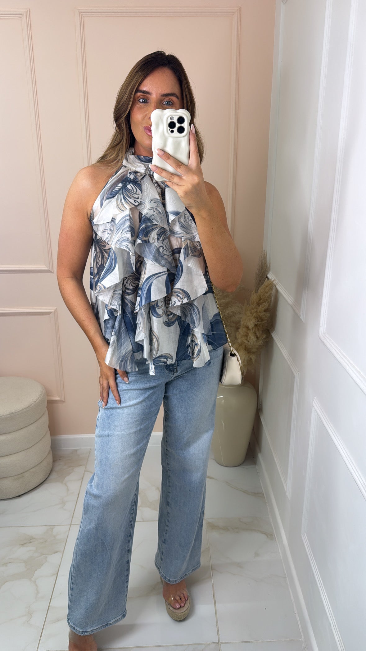 HEIDI blue high neck ruffle top