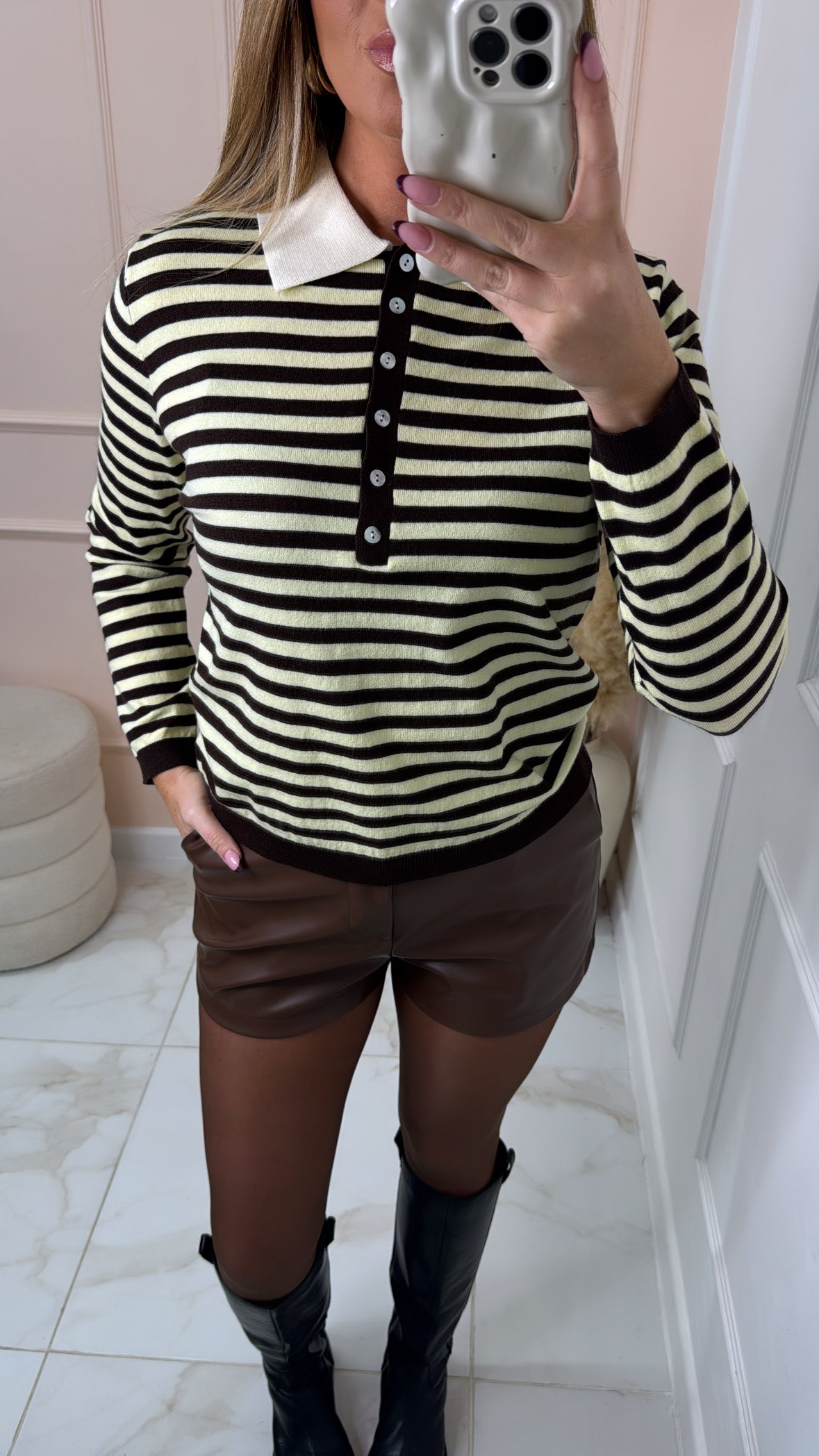 CHLOE brown and lemon stripe button jumper