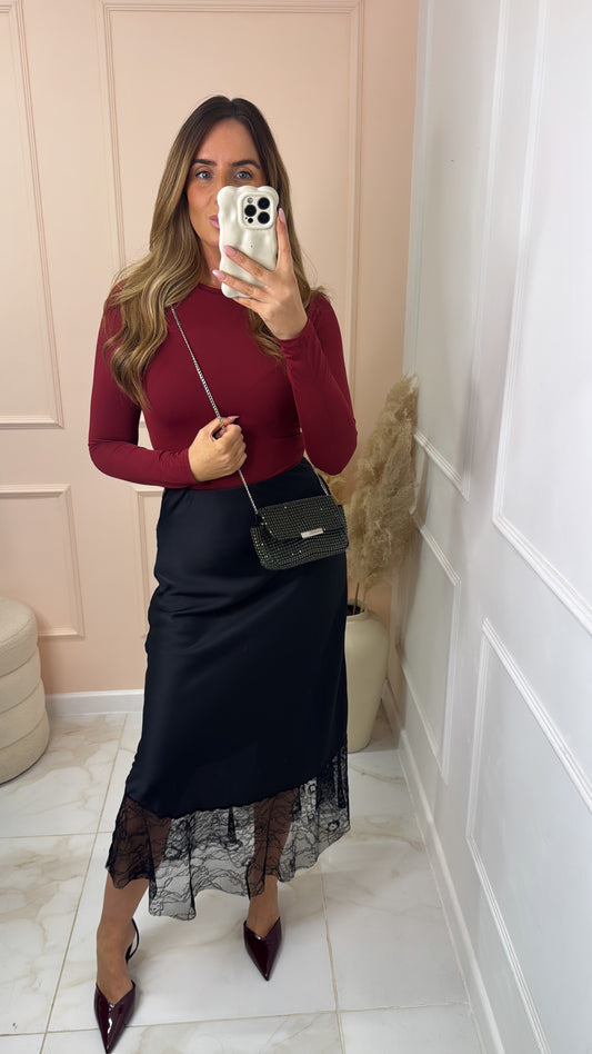 SHARNA black satin lace midaxi skirt