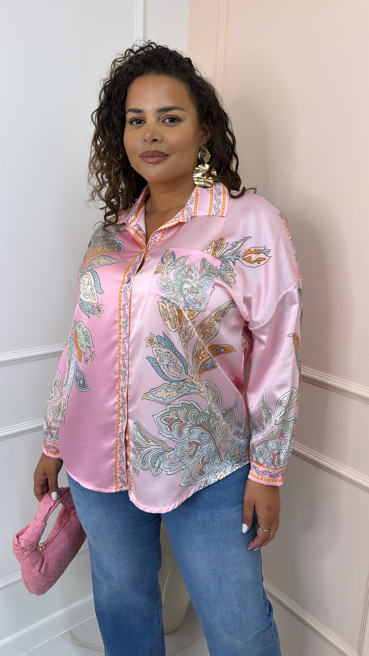 KIKI pink paisley embellished satin shirt