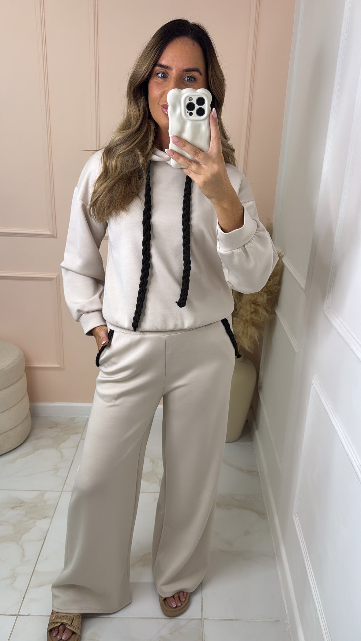 NANCY beige plait detail hooded lounge set