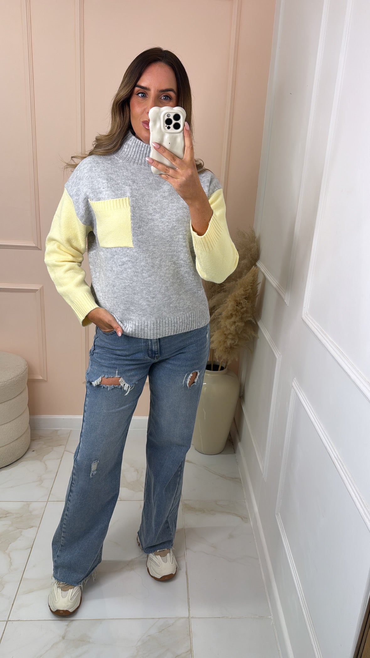 DAISY grey and lemon contrast knit jumper