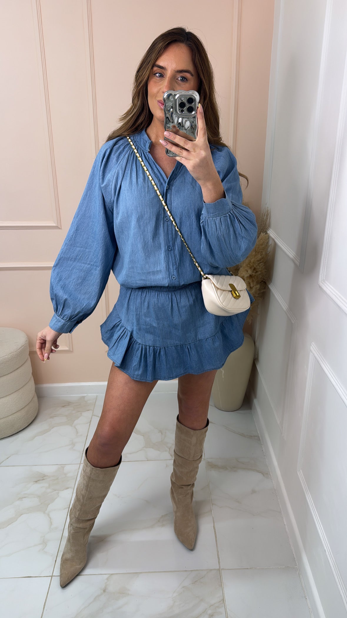 ISLA light wash frill denim skort set