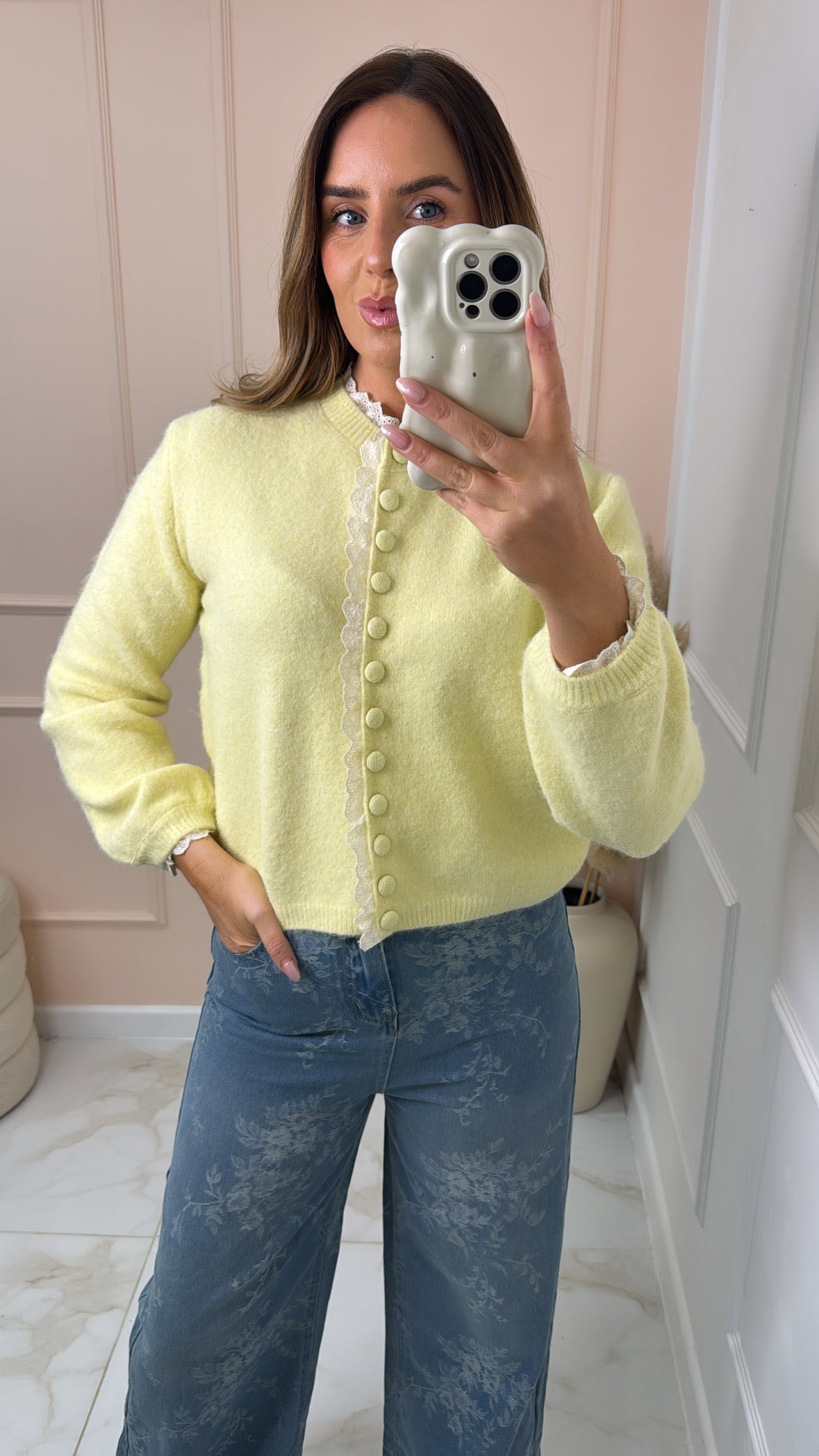 FINLEY lemon broderie trim cardigan