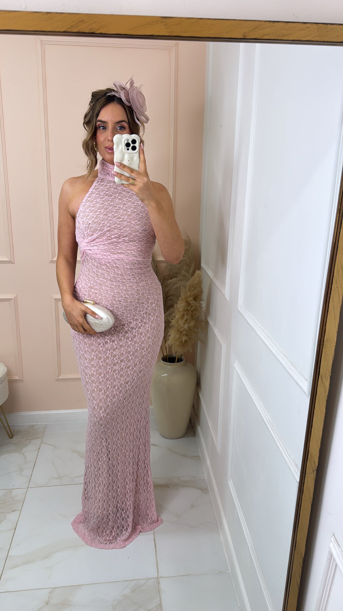 ALBA pink lace halter maxi dress
