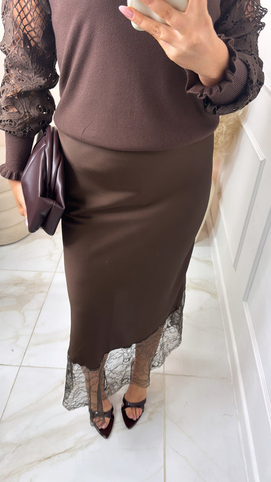 SHARNA brown satin lace midaxi skirt