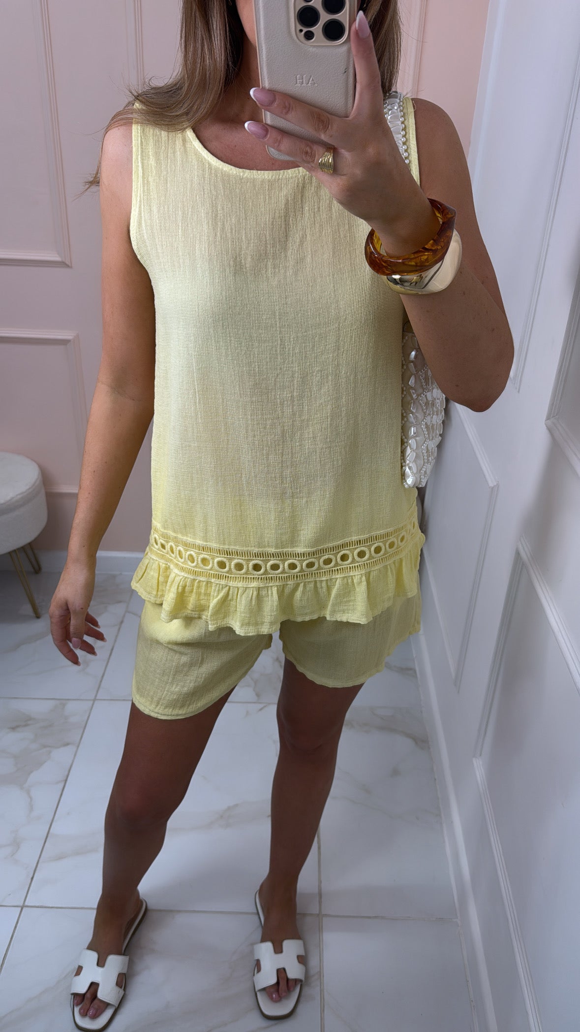 TILLY lemon embroidered frill short set