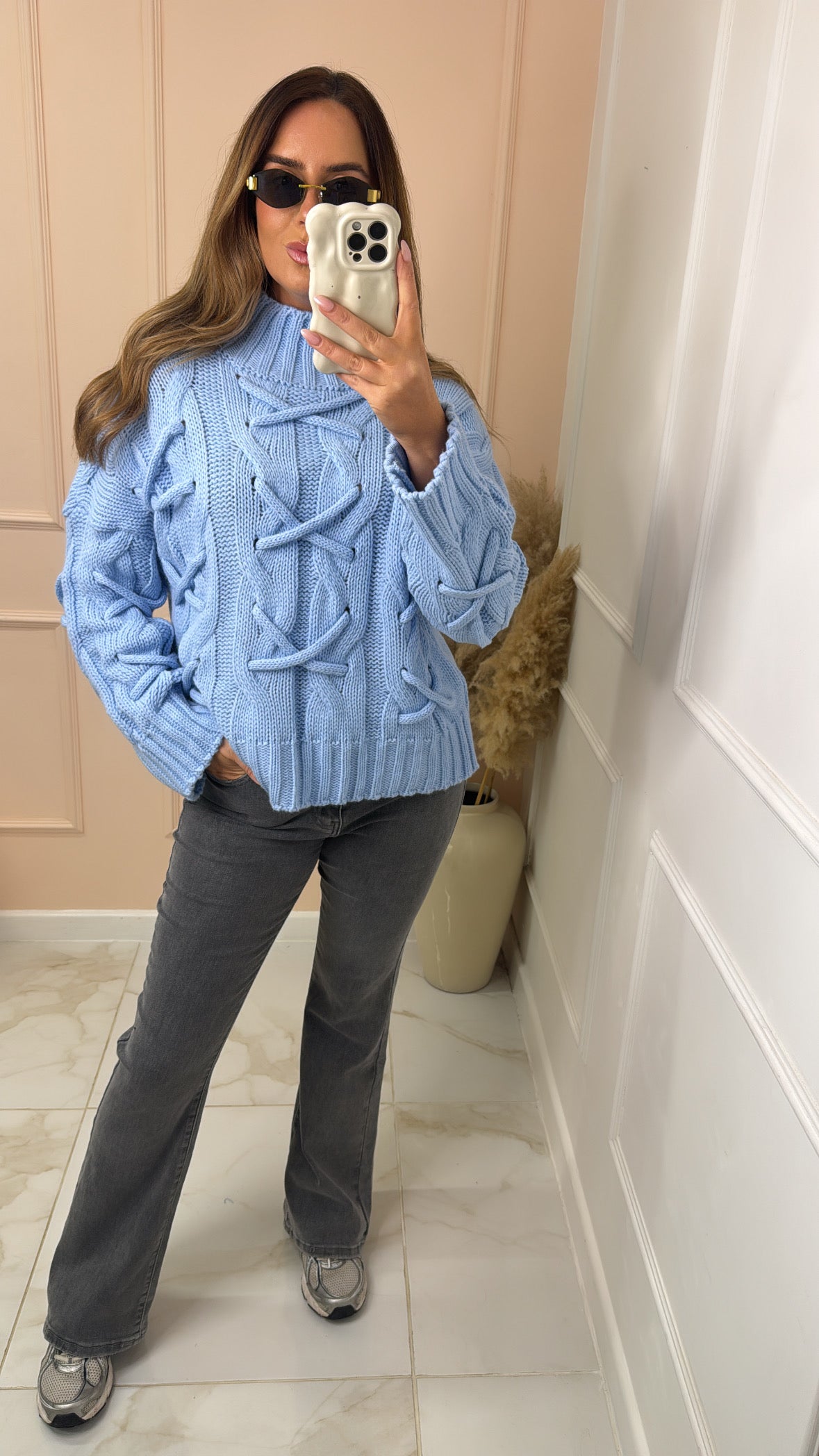 MEADOW blue crisscross cable knit jumper