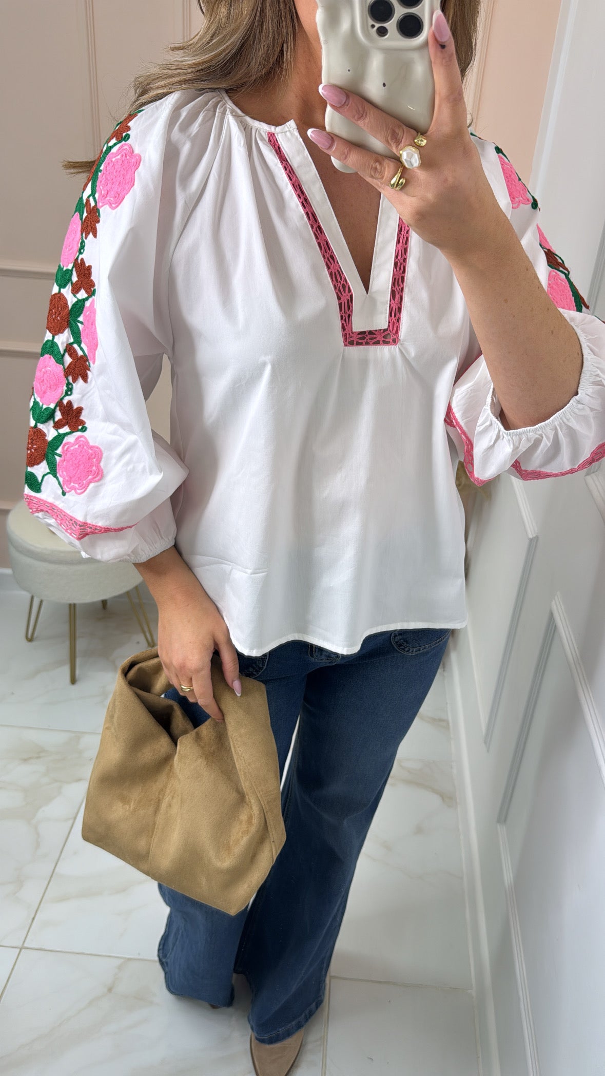 ERIN white floral embroidered blouse