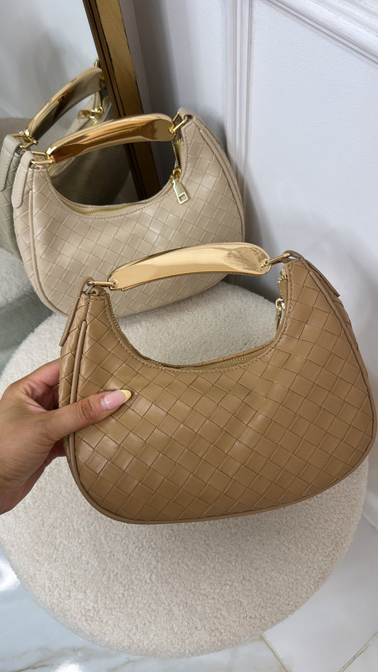 LULA tan woven gold grab bag