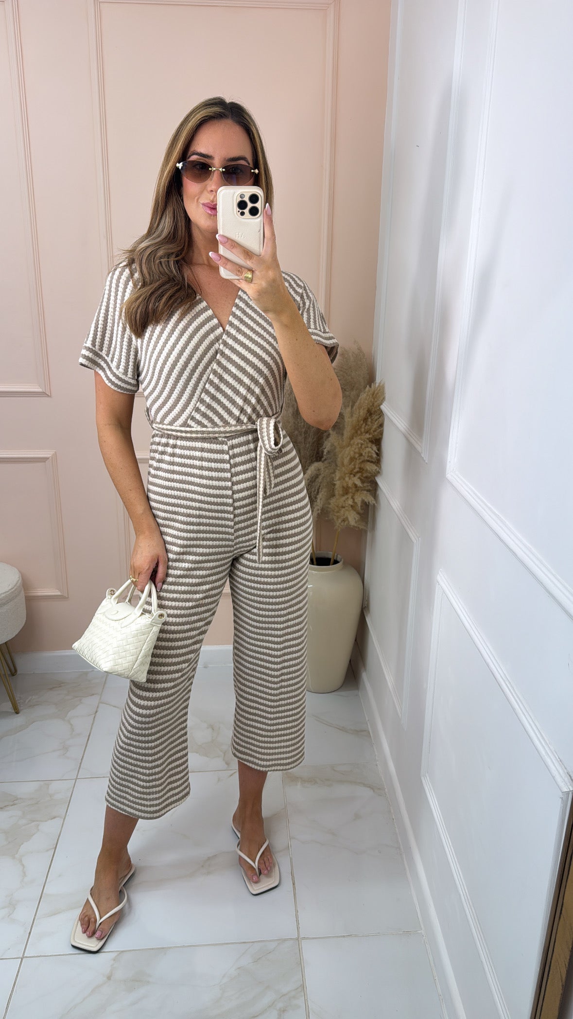 LAURA beige striped wrap belted jumpsuit