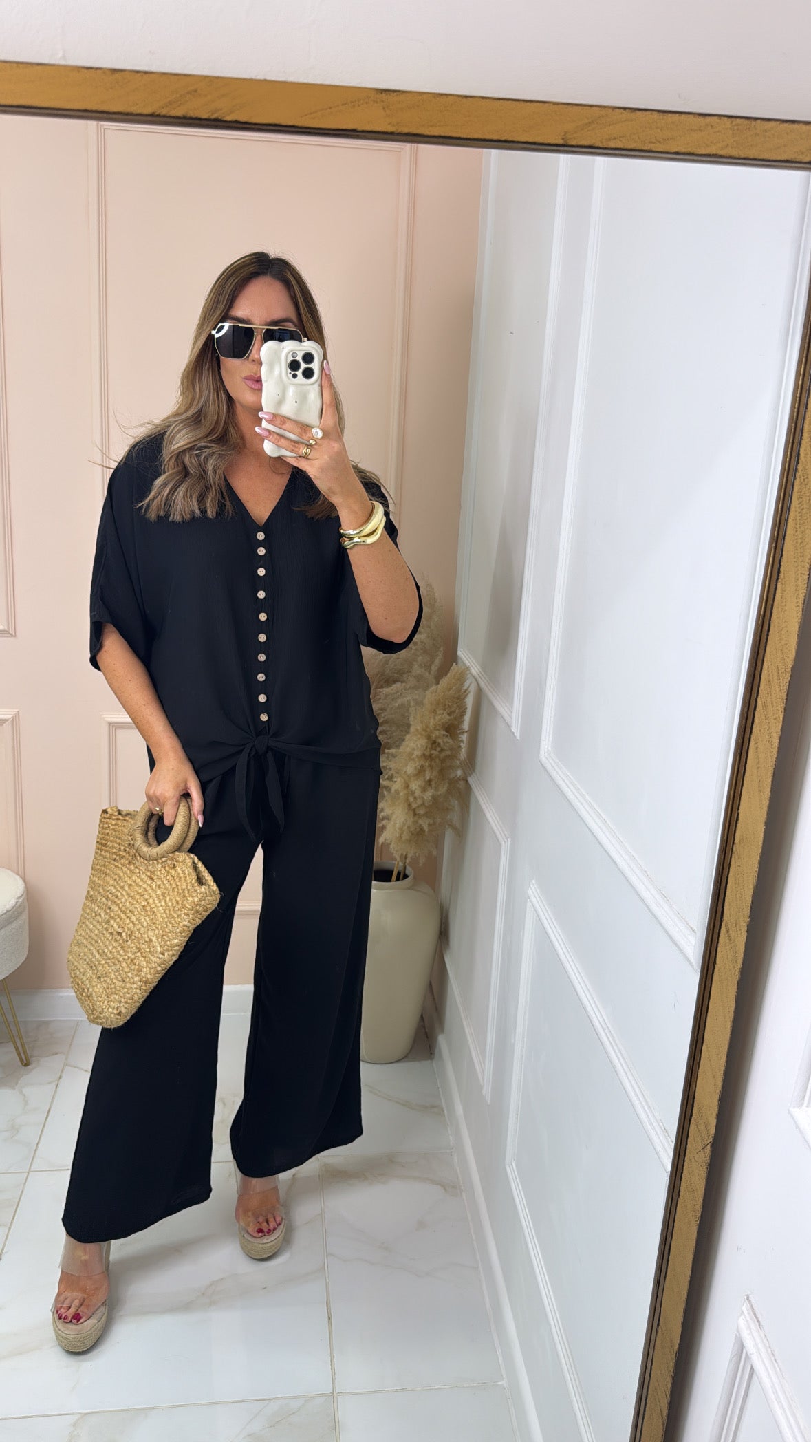 LUNA black button tie front trouser set