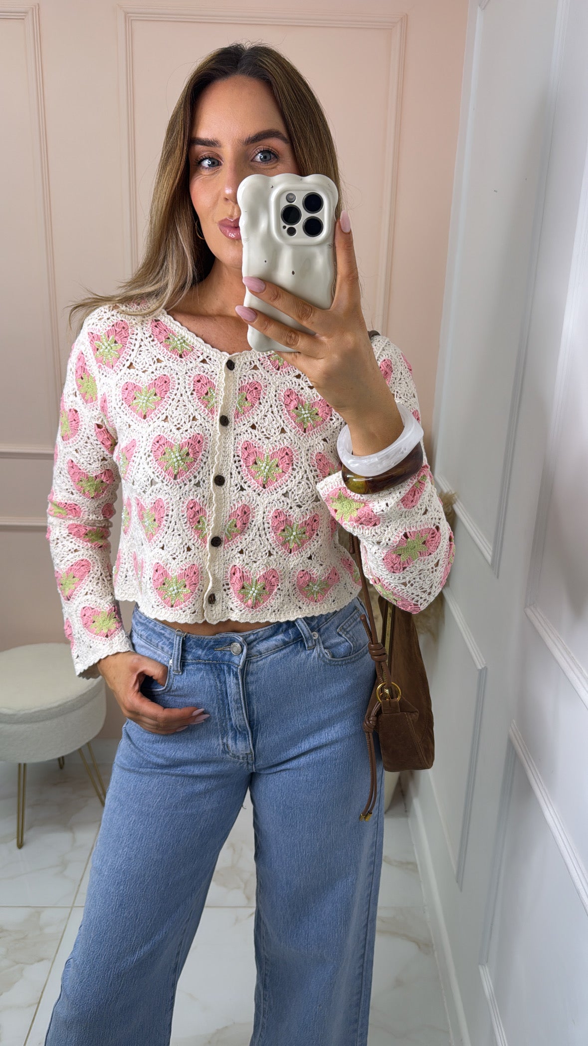 ADELE pink heart embellished crochet cardigan