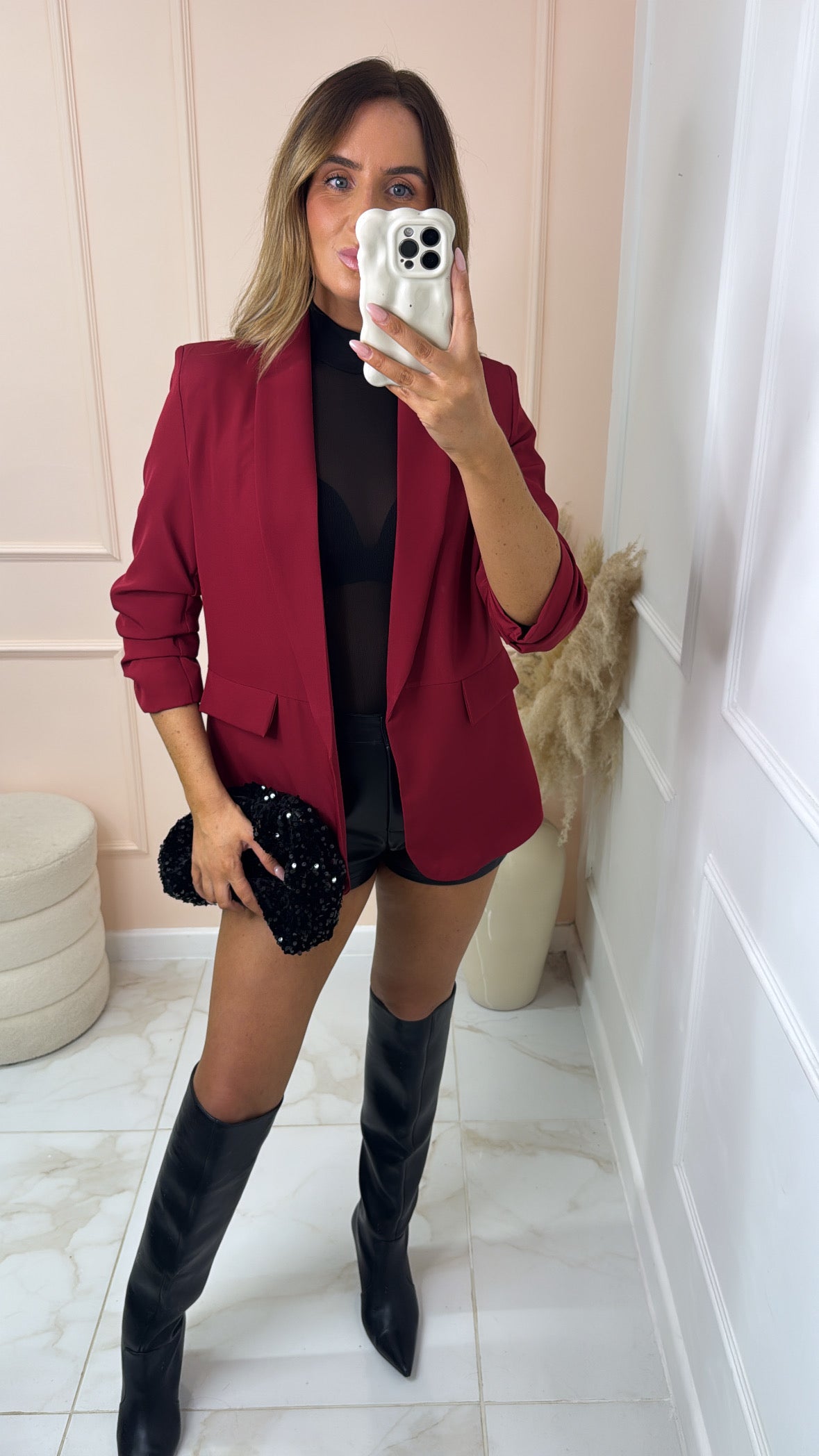 MABEL burgundy ruched sleeve blazer