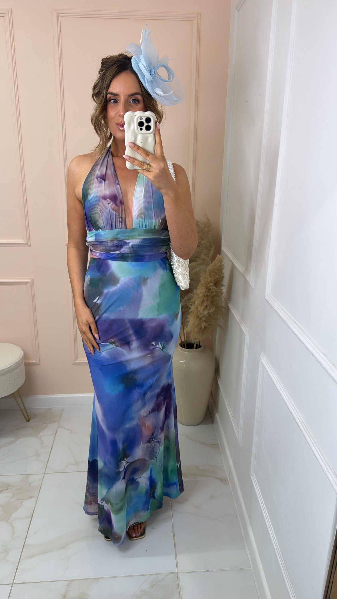 JADE blue abstract halter maxi dress