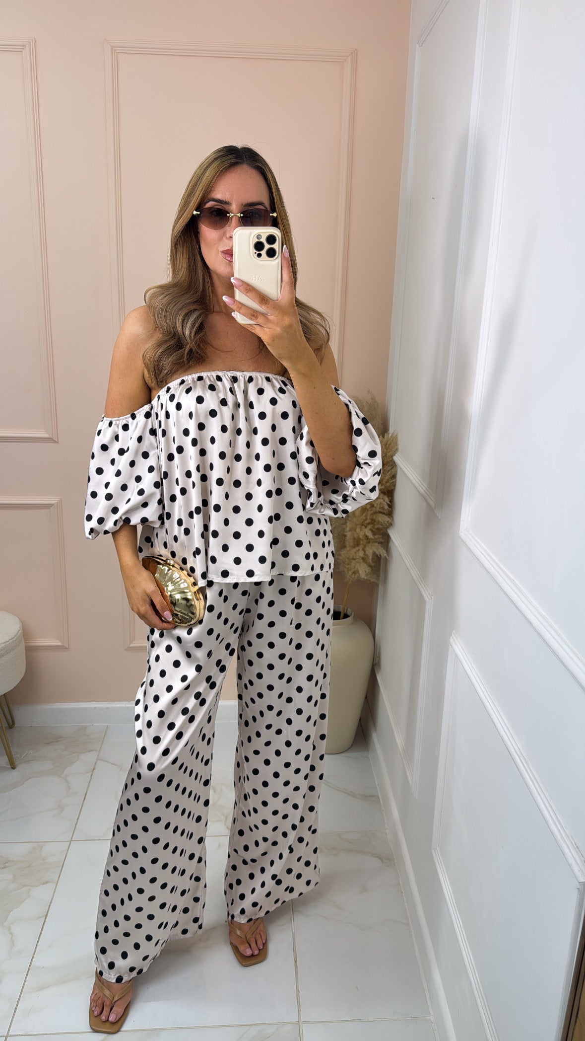 ANNIE beige polka dot silky trouser set